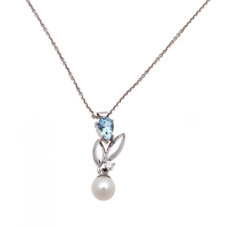 Zlatý náhrdelník s perlou, akvamarínem a diamantem