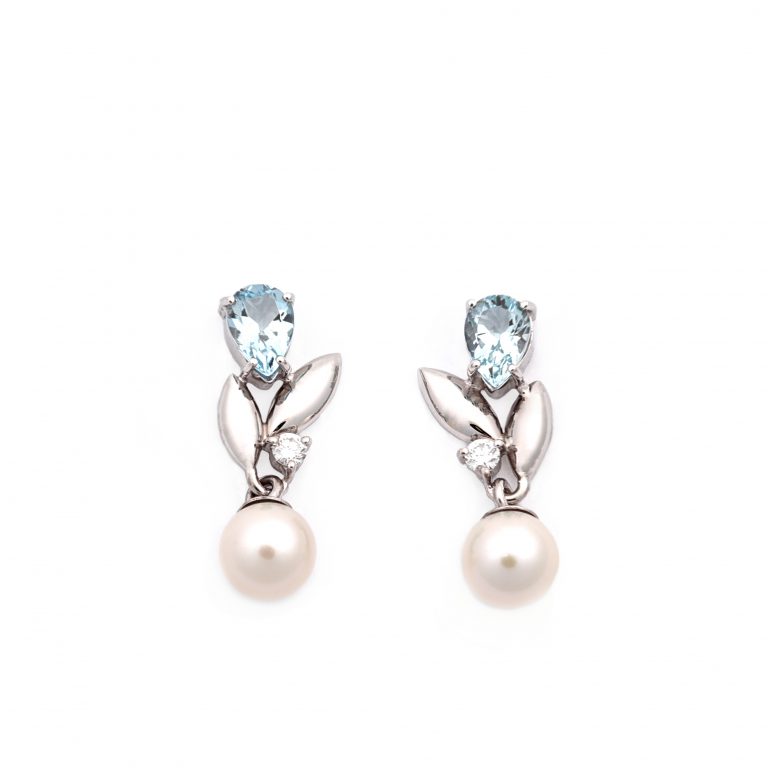 Zlaté náušnice s perlou, akvamarínem a diamantem